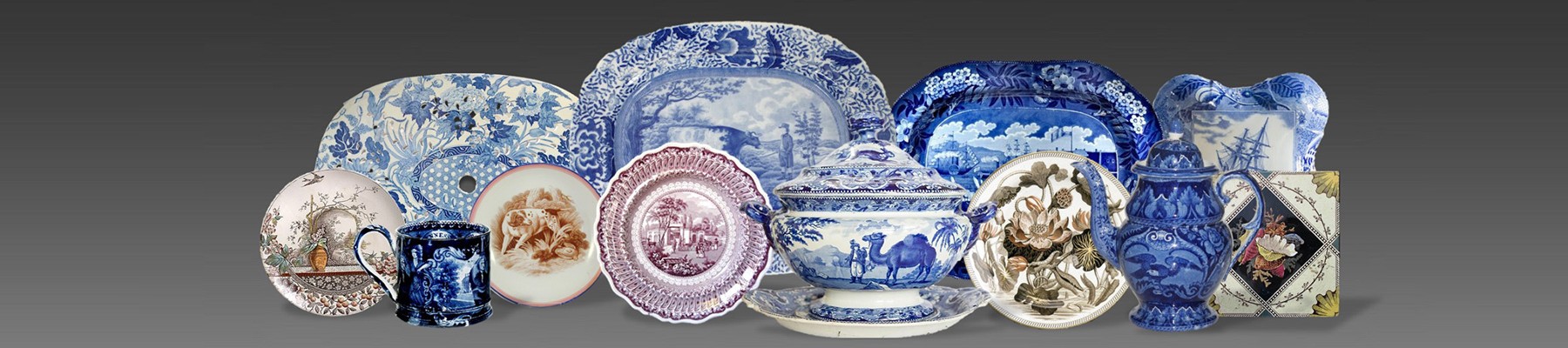 arrangement of items colored and blue transferware