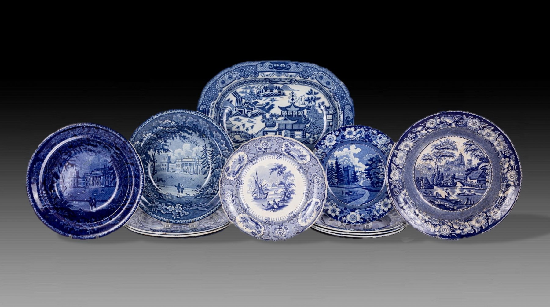 Examples of transfer-printed blue and white ceramics